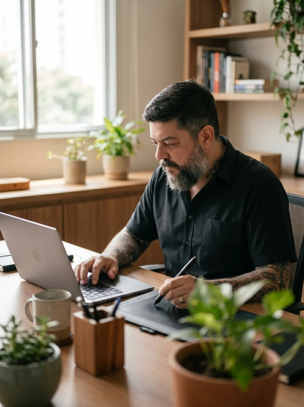 Rodrigo Bondioli at his desk, drawing on a pen tablet next to a laptop, in a bright room with plants and shelves.