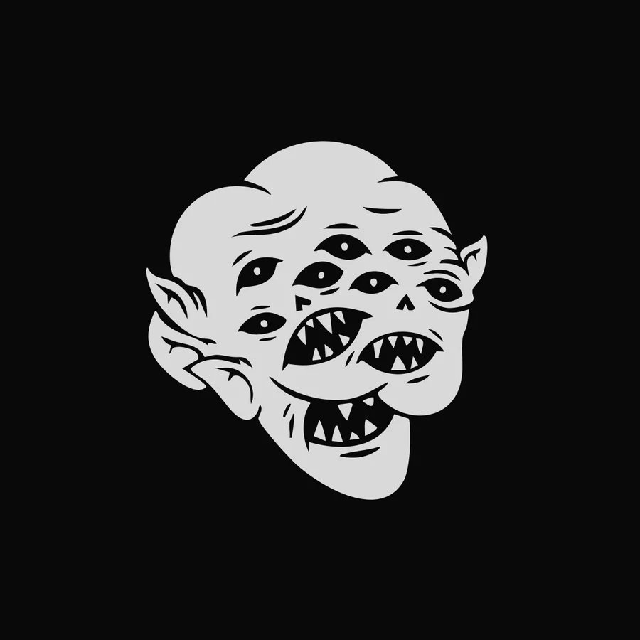 Monster logo: a pale head with many eyes and three toothy mouths