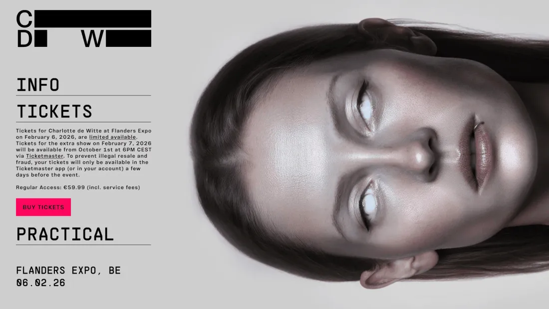 Charlotte de Witte site page with tickets and practical info for Flanders Expo, beside a face with white eyes