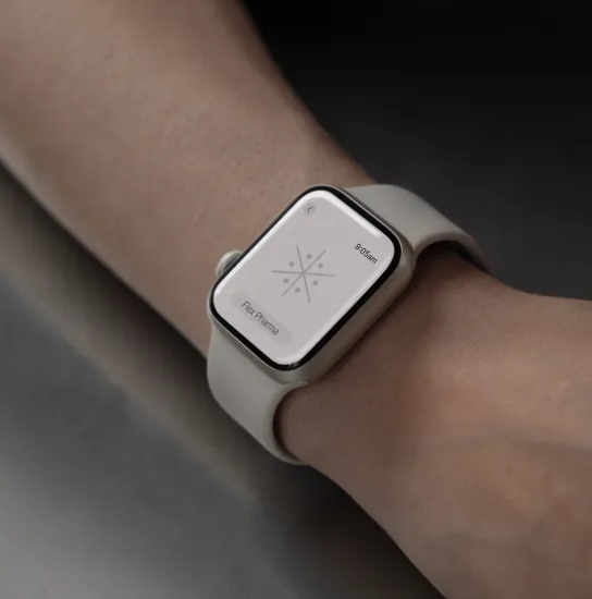 Flex Pharma app on a smartwatch, with the molecule symbol on the screen