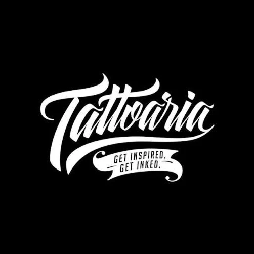 Tattoaria logo in white script on black, with the line “Get inspired. Get inked.”